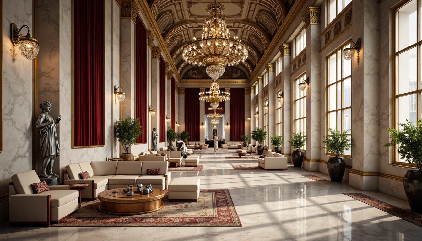 Prompt: Intricate marble patterns, ornate gold accents, luxurious velvet fabrics, rich wood grain textures, polished bronze details, grandiose columns, symmetrical archways, opulent crystal chandeliers, lavish fresco ceilings, stately stone statues, refined silk upholstery, majestic crown molding, sophisticated neutral color palette, soft warm lighting, shallow depth of field, 1/1 composition, realistic reflections, ambient occlusion.