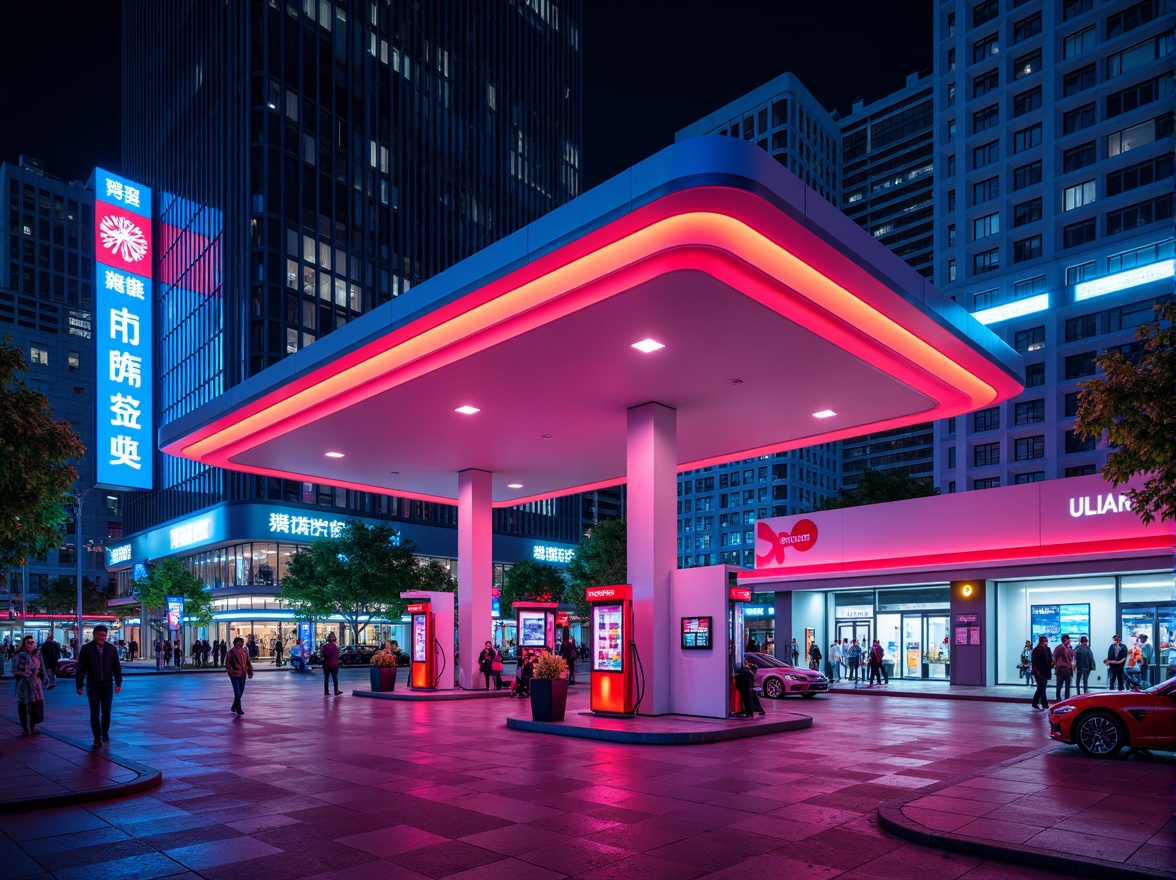 Prompt: Vibrant gas station, bold color scheme, neon lights, futuristic architecture, sleek metal canopies, angular lines, modern fuel pumps, LED signage, dynamic branding, high-contrast colors, energetic atmosphere, urban cityscape, busy streets, fast-paced environment, shallow depth of field, 1/1 composition, realistic textures, ambient occlusion.