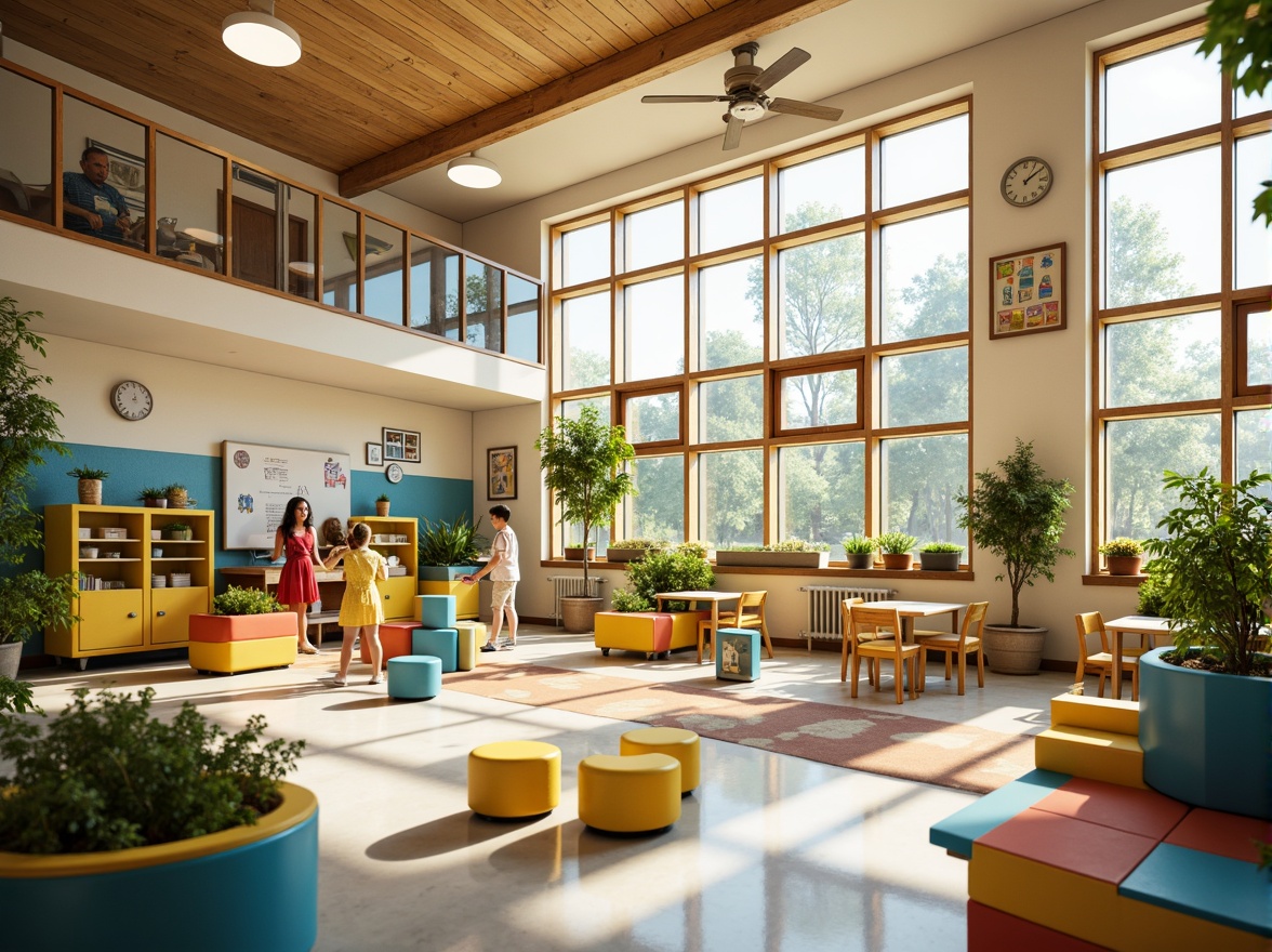 Prompt: Vibrant elementary school, playful color scheme, warm beige walls, bright blue accents, energetic yellow furniture, stimulating greenery, interactive whiteboards, collaborative learning spaces, natural light pouring in, softbox lighting, shallow depth of field, 3/4 composition, panoramic view, realistic textures, ambient occlusion.