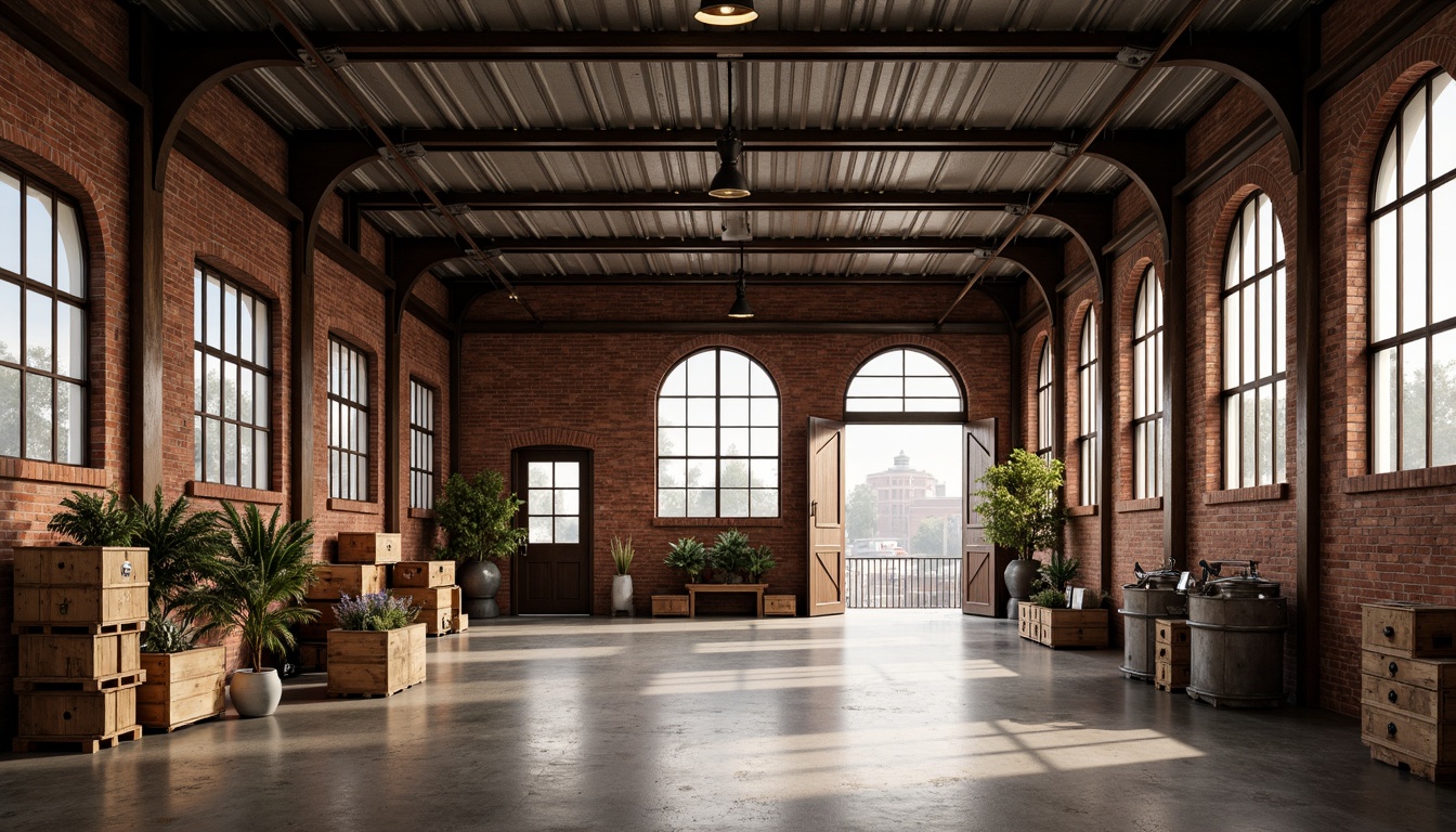 Prompt: Rustic warehouse, exposed brick walls, metal beams, wooden crates, industrial lighting, concrete floors, steel frames, corrugated metal roofs, reclaimed wood accents, earthy color palette, natural textures, urban landscape, cityscape views, functional design, open spaces, minimal ornamentation, raw finishes, distressed materials, vintage machinery, eclectic decor, warm atmospheric lighting, shallow depth of field, 1/1 composition, realistic renderings.