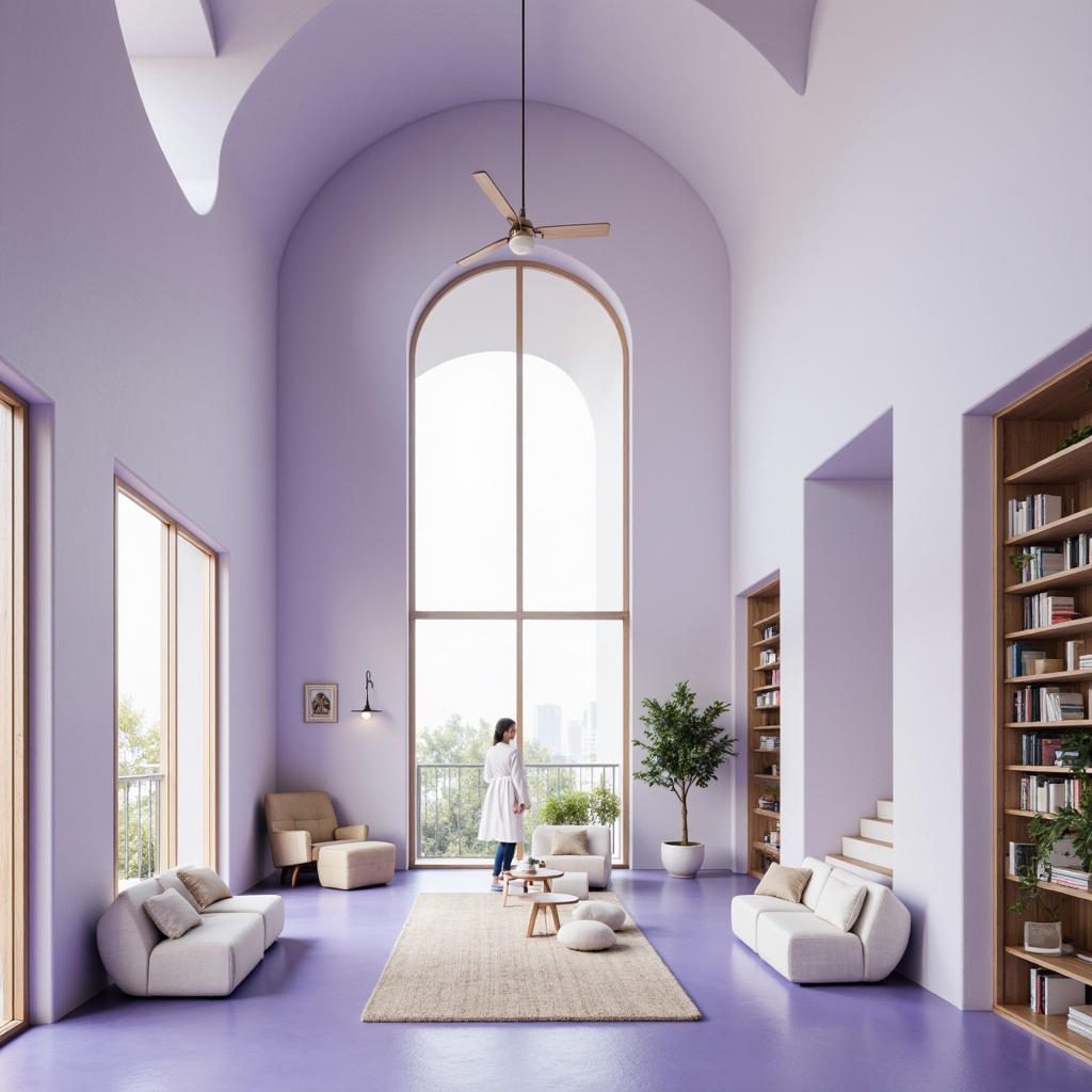 Prompt: Soft lavender blue hues, calming atmosphere, serene architectural design, gentle curves, rounded edges, soothing color scheme, pastel shades, creamy whites, warm beige accents, natural stone textures, wooden elements, minimalist decor, cozy reading nooks, floor-to-ceiling windows, abundant natural light, softbox lighting, shallow depth of field, 1/1 composition, intimate scale, peaceful ambiance, subtle gradient effects.