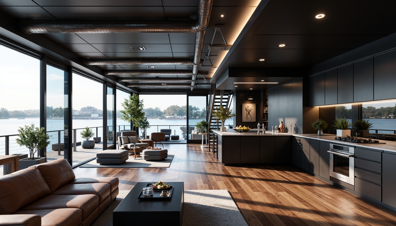 Prompt: Luxurious boathouse interior, high-tech gadgets, sleek metallic accents, polished wooden floors, floor-to-ceiling windows, panoramic lake views, minimalist decor, futuristic lighting systems, ambient LED illumination, ergonomic furniture, premium leather upholstery, nautical-themed accessories, abstract artwork, glass staircase, open-plan living area, state-of-the-art kitchen appliances, induction cooktop, high-gloss countertops, matte black cabinets, industrial-chic pipes, exposed ductwork, dramatic ceiling heights, 1/1 composition, softbox lighting, realistic reflections.