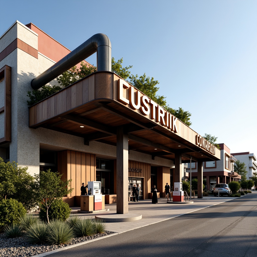 Prompt: Rustic gas station, industrial pipes, functionalist architecture, bold typography, primary color scheme, geometric shapes, minimalist design, natural stone walls, steel beams, large windows, cantilevered canopies, angular lines, modernist landscaping, native plants, gravel pathways, urban context, busy streets, morning sunlight, high contrast lighting, shallow depth of field, 2/3 composition, realistic textures, ambient occlusion.