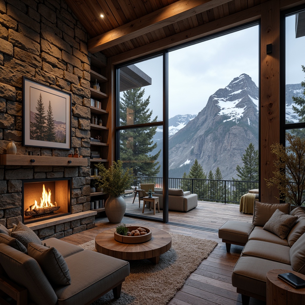 Prompt: Rustic mountain lodge, wooden accents, natural stone walls, earthy color palette, cozy fireplaces, warm ambient lighting, plush furnishings, reclaimed wood floors, metal roofing, industrial-chic decor, modern minimalist design, floor-to-ceiling windows, breathtaking mountain views, snow-capped peaks, misty atmosphere, soft focus, shallow depth of field, 1/2 composition, cinematic mood, realistic textures, subtle color grading.