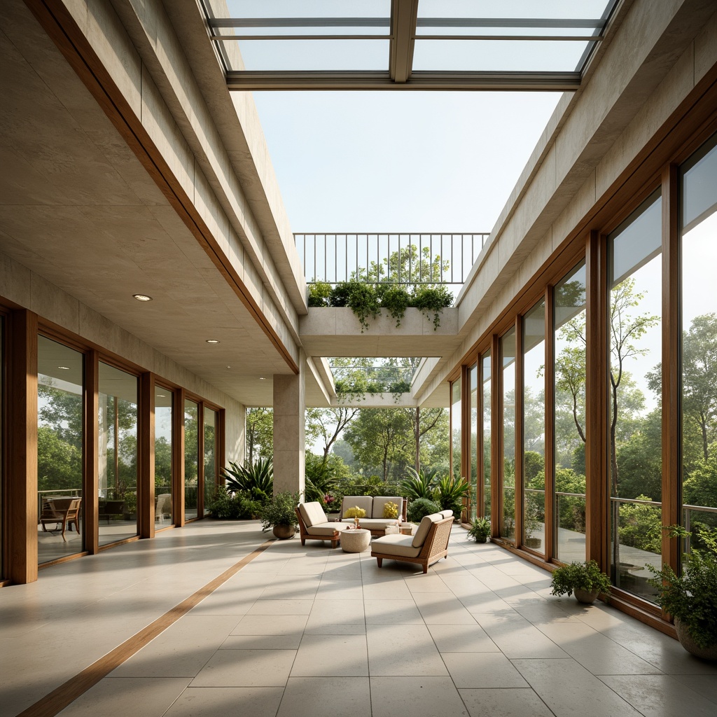 Prompt: Spacious open-plan interior, floor-to-ceiling windows, sliding glass doors, clerestory windows, skylights, reflective surfaces, minimal obstructions, airy atmosphere, natural ventilation, passive solar design, thermal mass materials, radiant flooring, green roofs, living walls, lush indoor plants, warm beige tones, soft diffused lighting, 1/1 composition, shallow depth of field, realistic textures, ambient occlusion.