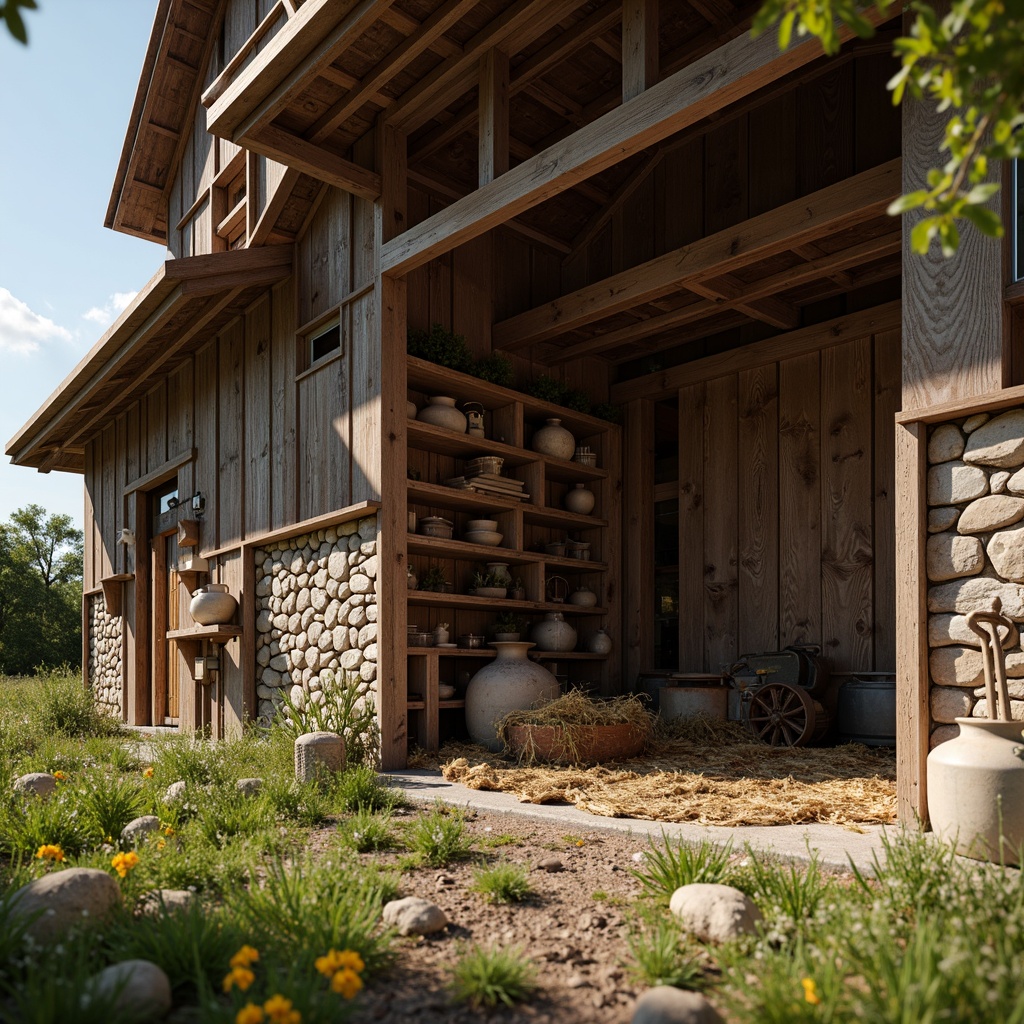 Prompt: Rustic barn, wooden beams, vintage farm tools, hayloft, natural stone walls, earthy color palette, curved rooflines, asymmetrical architecture, distressed wood textures, wildflower meadow, sunny afternoon, soft warm lighting, shallow depth of field, 1/1 composition, intimate close-up shots, realistic weathering effects, ambient occlusion.