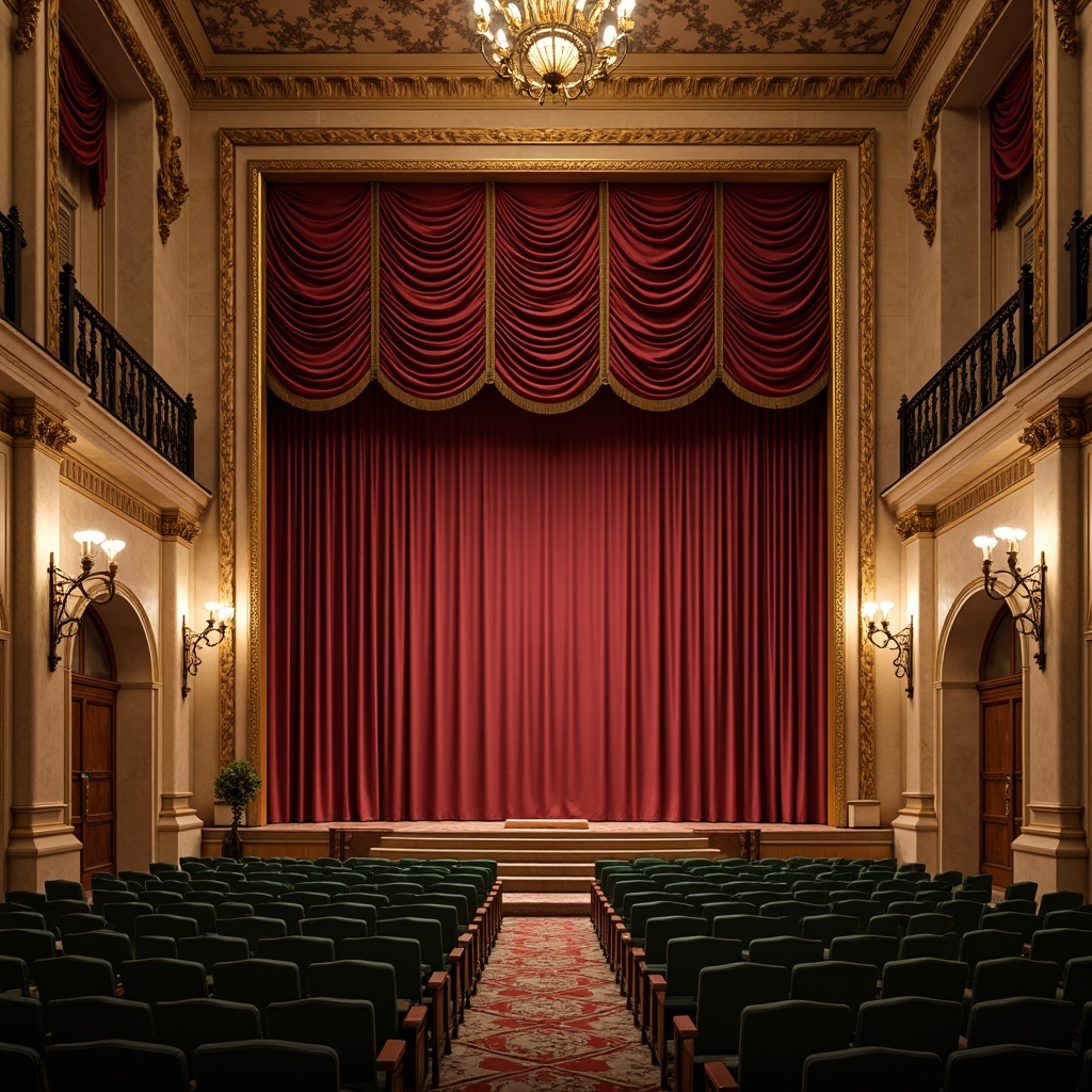 Prompt: Rich velvet curtains, ornate golden frames, soft warm lighting, majestic stage presence, neoclassical architectural details, cream-colored marble columns, intricate moldings, lavish chandeliers, crimson red accents, emerald green upholstery, luxurious silk fabrics, subtle sheen textures, dramatic spotlights, 3/4 composition, shallow depth of field, realistic reflections, ambient occlusion.