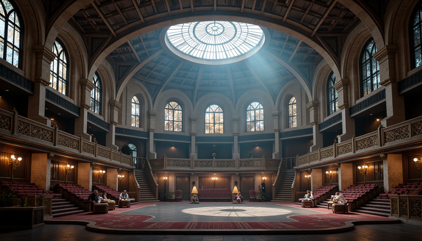 Prompt: Grandiose Gothic stadium, ornate stone carvings, vaulted ceilings, stained glass windows, intricate archways, majestic columns, regal seating areas, plush velvet cushions, golden metal accents, luxurious wooden details, atmospheric misty lighting, dramatic spotlights, 1/1 composition, symmetrical framing, realistic textures, ambient occlusion.