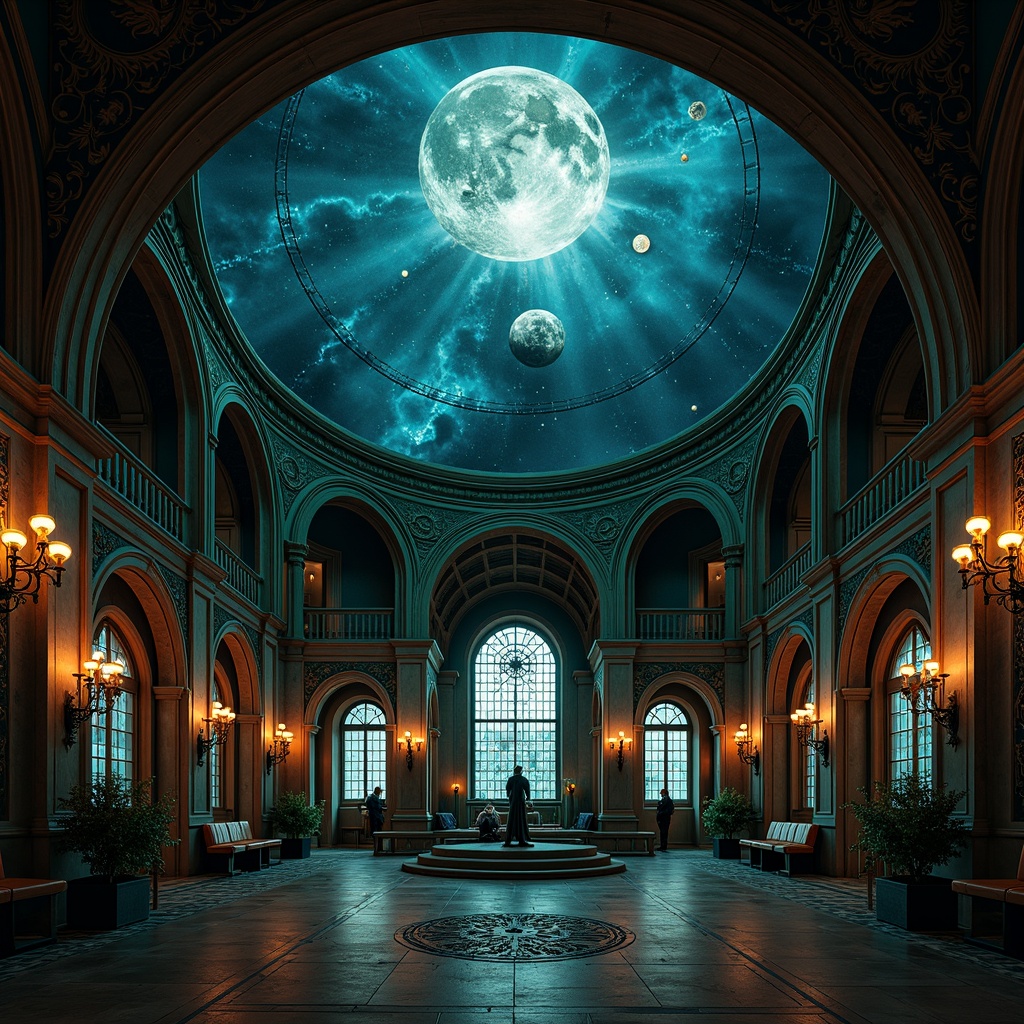 Prompt: Dark mysterious planetarium, gothic arches, celestial bodies, starry night sky, rich jewel-toned colors, emerald green, sapphire blue, amethyst purple, gold accents, intricate stone carvings, ornate metalwork, stained glass windows, grandiose chandeliers, mystical ambiance, soft ethereal lighting, dramatic shadows, 1/1 composition, symmetrical framing, high contrast ratio, cinematic atmosphere.