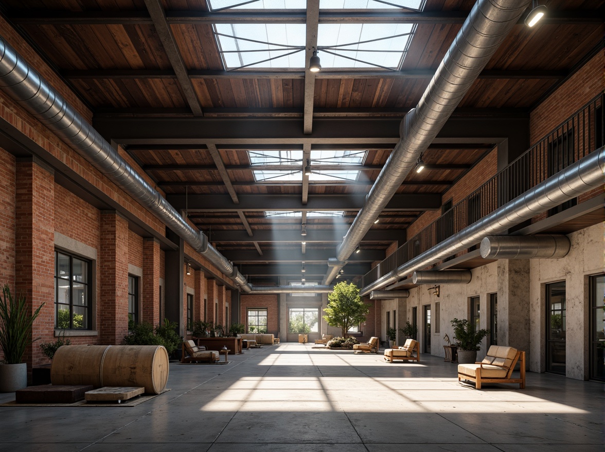 Prompt: Industrial warehouse interior, exposed ductwork, metal beams, concrete floors, rustic brick walls, high ceilings, natural light pouring through skylights, warm ambient lighting, softbox lights, task lamps, suspended linear fixtures, LED strips, diffused shadows, subtle color temperature, 1/2 composition, shallow depth of field, realistic textures, ambient occlusion.