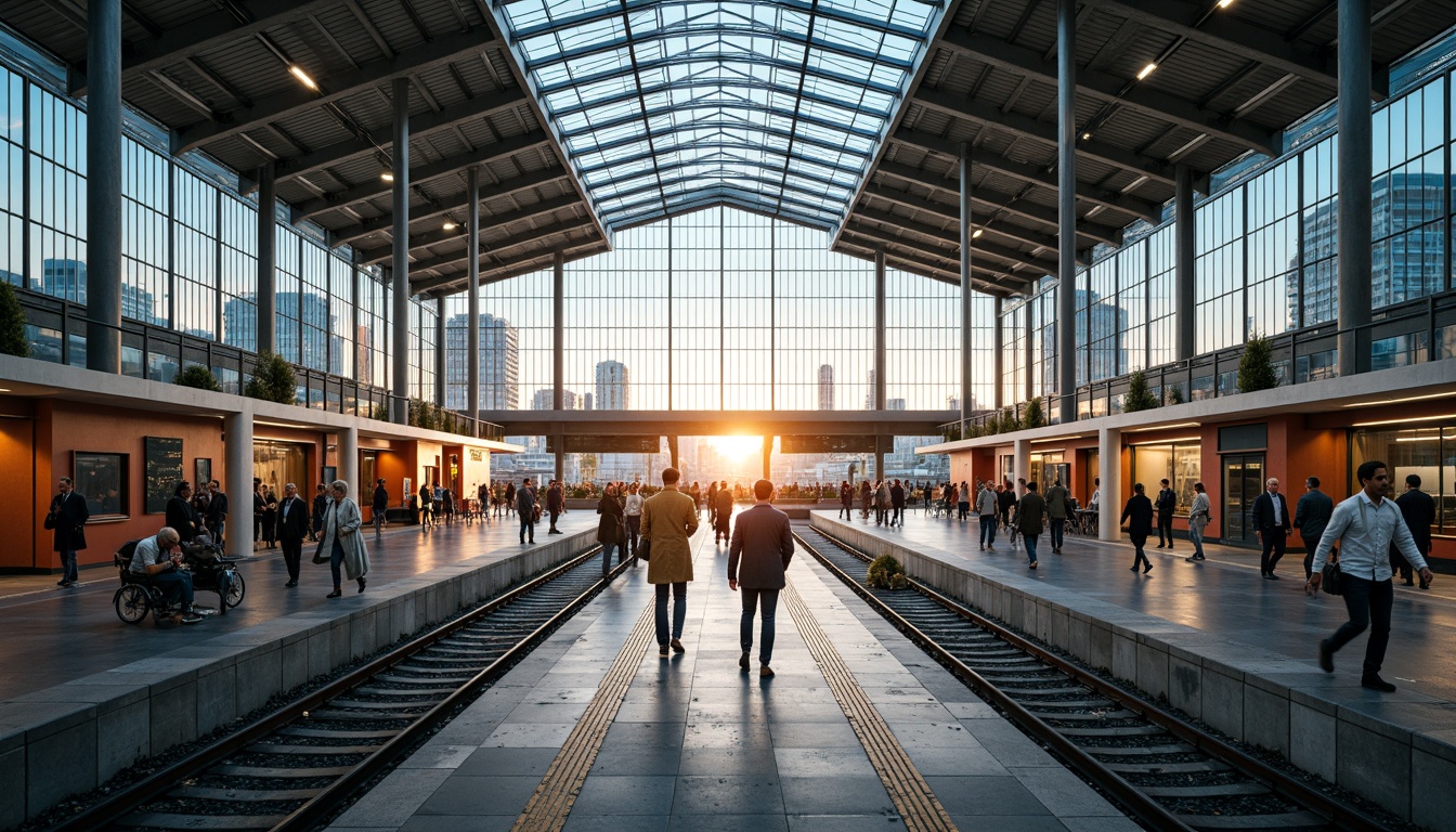 Prompt: Vibrant train station, large glass roofs, clerestory windows, transparent canopies, open atriums, minimalist columns, sleek metal beams, polished concrete floors, modern architecture, abundant natural light, soft warm ambiance, shallow depth of field, 3/4 composition, panoramic view, realistic textures, ambient occlusion, bustling atmosphere, rush hour scenes, urban landscape, city skyline, morning sunlight, afternoon glow, evening twilight.