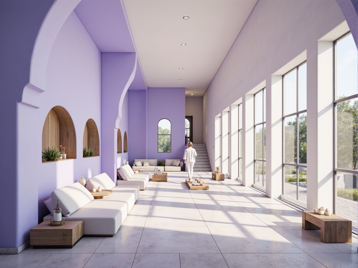 Prompt: Soft lavender blue hues, calming atmosphere, serene architectural design, gentle curves, rounded edges, soothing color scheme, pastel shades, creamy whites, warm beige accents, natural stone textures, wooden elements, minimalist decor, cozy reading nooks, floor-to-ceiling windows, abundant natural light, softbox lighting, shallow depth of field, 1/1 composition, intimate scale, peaceful ambiance, subtle gradient effects.