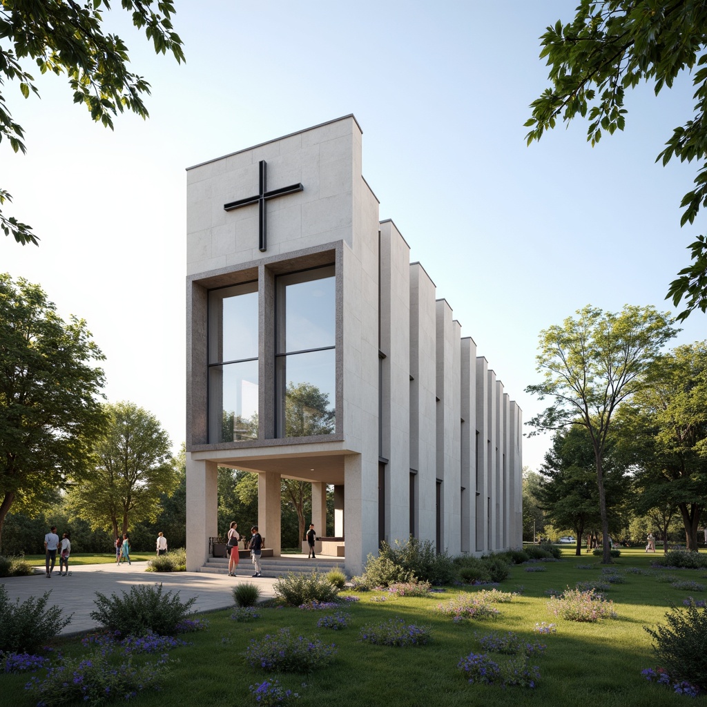 Prompt: Minimalist church facade, clean lines, rectangular forms, large glass windows, steel frames, modern cross designs, subtle stone accents, neutral color palette, natural light illumination, shallow depth of field, 3/4 composition, panoramic view, realistic textures, ambient occlusion, serene atmosphere, peaceful surroundings, lush greenery, blooming flowers, sunny day, soft warm lighting.