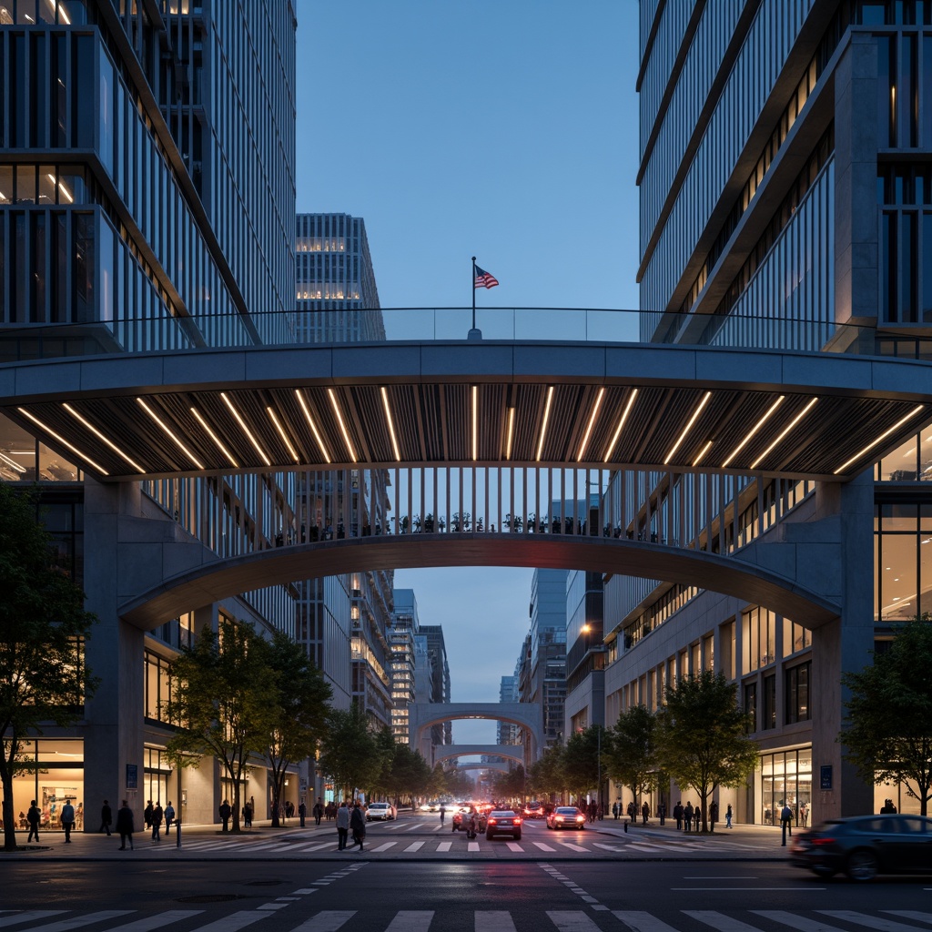 Prompt: Curved bridge silhouette, dynamic sculptural forms, metallic materials, reflective surfaces, urban cityscape, busy traffic flow, pedestrian walkways, cyclist paths, modern architectural style, abstract geometric patterns, LED lighting systems, nighttime illumination, misty atmospheric effects, shallow depth of field, 1/1 composition, symmetrical framing, realistic textures, ambient occlusion.