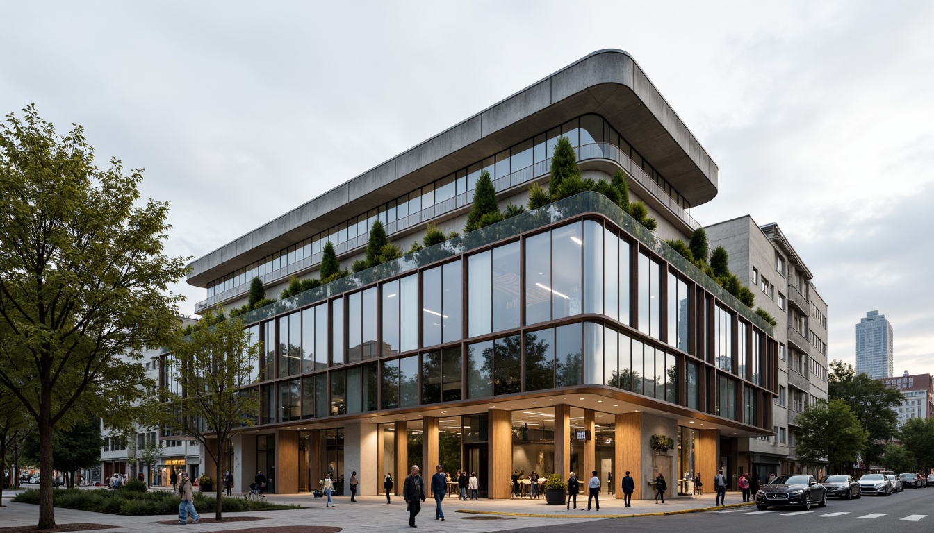 Prompt: Modern building facade, large glass windows, sleek metal frames, sustainable materials, recycled wood accents, low-carbon concrete, energy-efficient systems, green roofs, living walls, vertical gardens, natural stone cladding, minimalist design, industrial chic aesthetic, urban cityscape, cloudy sky, soft diffused lighting, shallow depth of field, 3/4 composition, realistic textures, ambient occlusion.