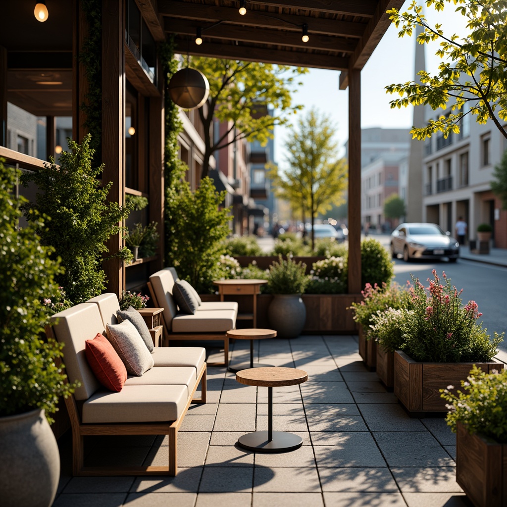 Prompt: Cozy coffee shop patio, rustic wooden benches, plush cushions, natural stone flooring, lush greenery, vibrant flowers, modern metal tables, minimalist chairs, warm string lighting, soft ambient glow, shallow depth of field, 1/1 composition, realistic textures, ambient occlusion, urban cityscape, bustling streets, trendy neighborhood, afternoon sunlight, gentle breeze.