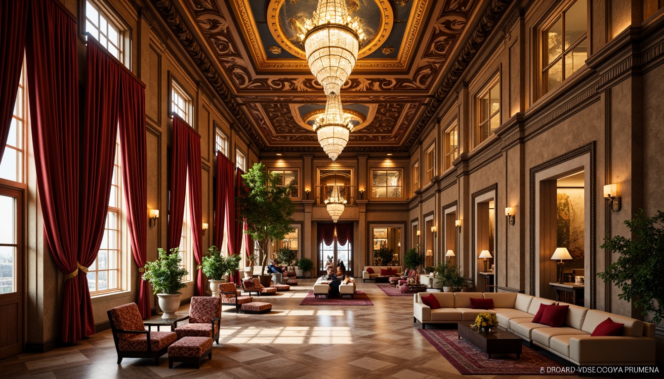 Prompt: Luxurious hotel lobby, grand chandelier, ornate furnishings, rich velvet drapes, intricately carved wooden panels, gilded mirrors, marble floors, ornamental columns, lavish frescoes, Baroque-inspired architecture, opulent textiles, regal color palette, warm golden lighting, shallow depth of field, 1/1 composition, realistic textures, ambient occlusion.