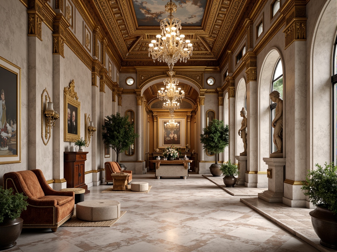 Prompt: Intricate marble patterns, ornate gold accents, luxurious velvet fabrics, rich wood grain textures, polished bronze details, grandiose columns, symmetrical archways, opulent crystal chandeliers, lavish fresco ceilings, stately stone statues, refined silk upholstery, majestic crown molding, sophisticated neutral color palette, soft warm lighting, shallow depth of field, 1/1 composition, realistic reflections, ambient occlusion.