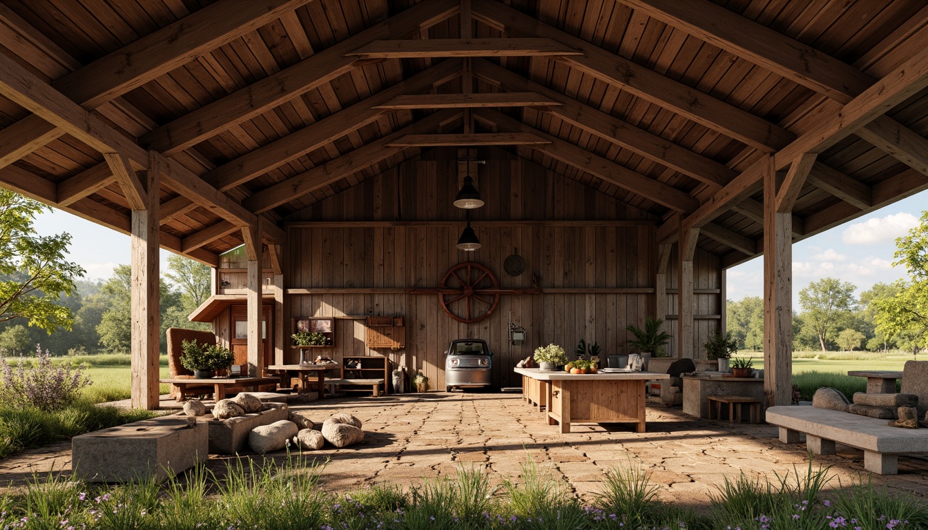 Prompt: Rustic barn, wooden beams, vintage farm tools, hayloft, natural stone walls, earthy color palette, curved rooflines, asymmetrical architecture, distressed wood textures, wildflower meadow, sunny afternoon, soft warm lighting, shallow depth of field, 1/1 composition, intimate close-up shots, realistic weathering effects, ambient occlusion.