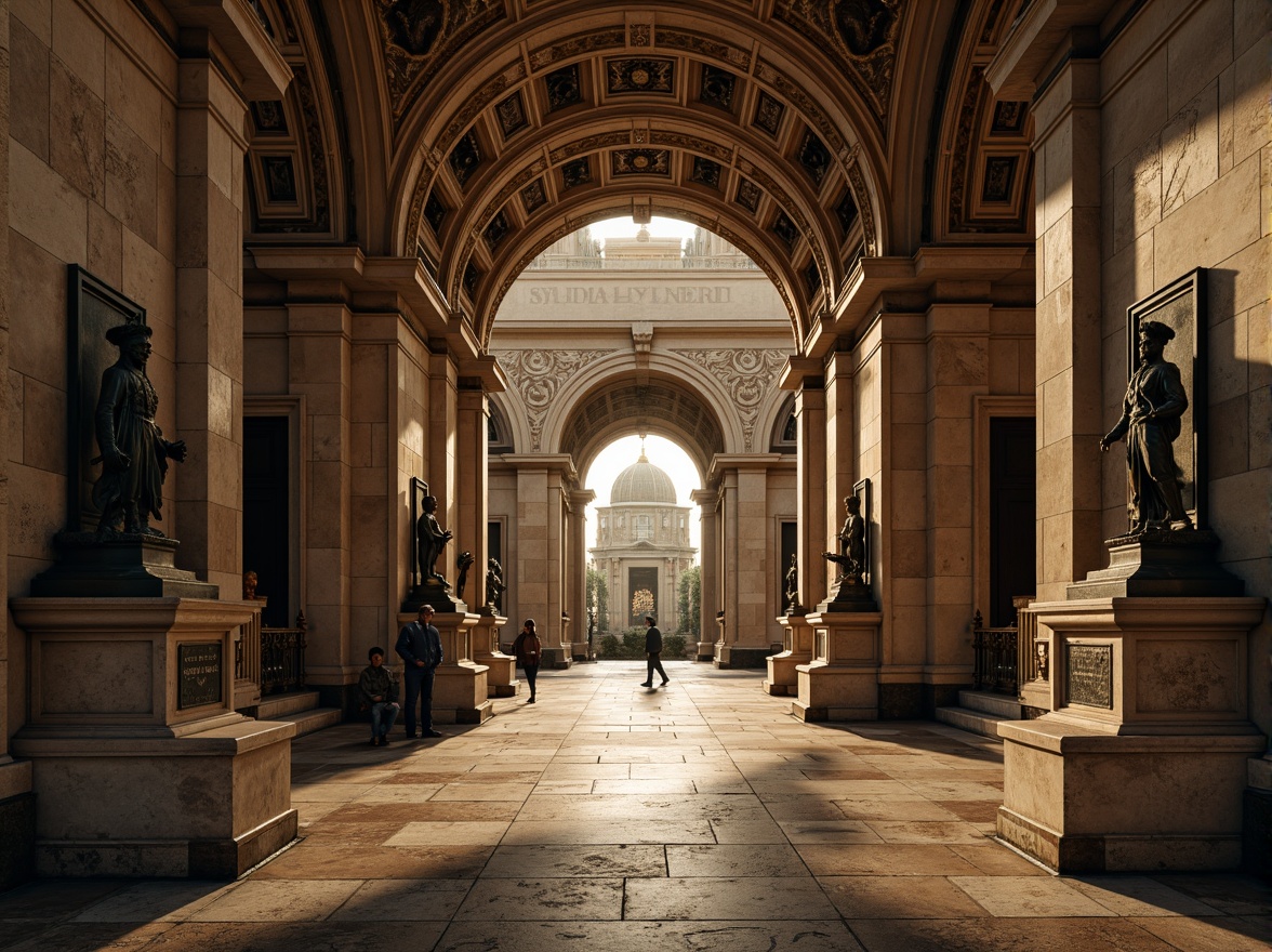 Prompt: Grand monumental structure, ornate stone carvings, majestic arches, imposing columns, intricate sculptures, bronze statues, memorial plaques, solemn atmosphere, natural stone flooring, symmetrical composition, dramatic lighting, warm golden tones, subtle texture details, realistic weathering effects, 1/1 aspect ratio, low-angle shot, cinematic mood.