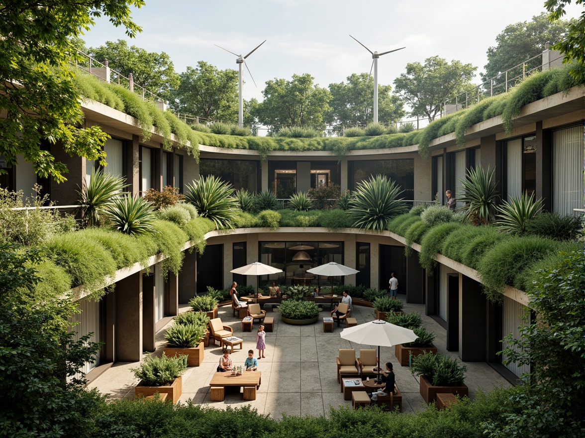 Prompt: Lush green roofs, verdant walls, natural stone facades, curved lines, organic forms, eco-friendly materials, sustainable energy solutions, solar panels, wind turbines, water conservation systems, green spaces, shaded outdoor areas, misting systems, vibrant colorful textiles, intricate geometric motifs, serene atmosphere, soft warm lighting, shallow depth of field, 3/4 composition, panoramic view, realistic textures, ambient occlusion.