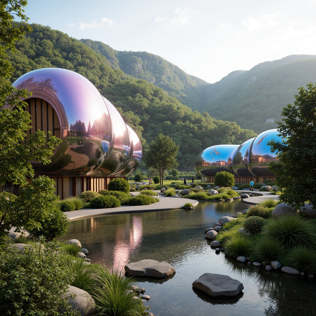 Prompt: Organic blob-shaped buildings, futuristic architecture, iridescent colors, glossy surfaces, undulating curves, natural landscape integration, rolling hills, lush greenery, meandering pathways, serene water features, reflecting pools, raked gravel gardens, moss-covered walls, weathered wood accents, soft warm lighting, shallow depth of field, 3/4 composition, panoramic view, realistic textures, ambient occlusion.