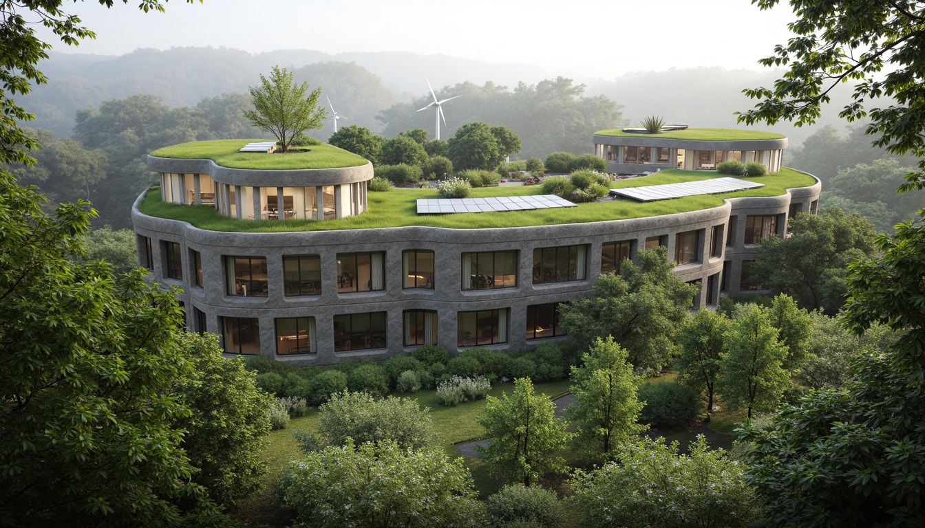 Prompt: Harmonious eco-friendly building, lush green roofs, living walls, solar panels, wind turbines, rainwater harvesting systems, natural stone fa\u00e7ades, curved lines, organic shapes, seamless integration with surroundings, serene forest environment, misty morning atmosphere, soft diffused lighting, shallow depth of field, 1/1 composition, realistic textures, ambient occlusion.