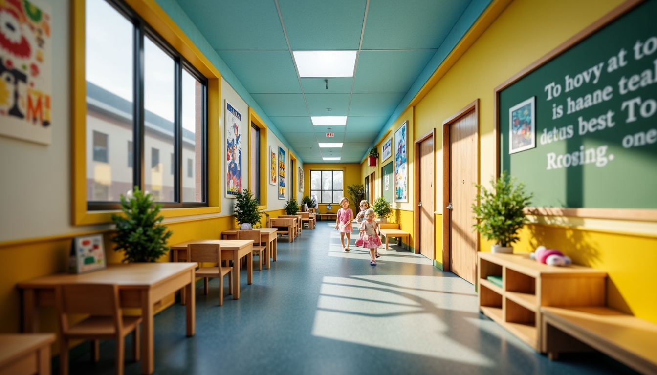 Prompt: Vibrant elementary school, playful kindergarten, bright corridors, educational murals, colorful lockers, wooden desks, green chalkboards, inspirational quotes, motivational posters, soft carpeted floors, natural wood accents, earthy tone walls, calming blue ceilings, warm yellow lighting, shallow depth of field, 1/1 composition, realistic textures, ambient occlusion.