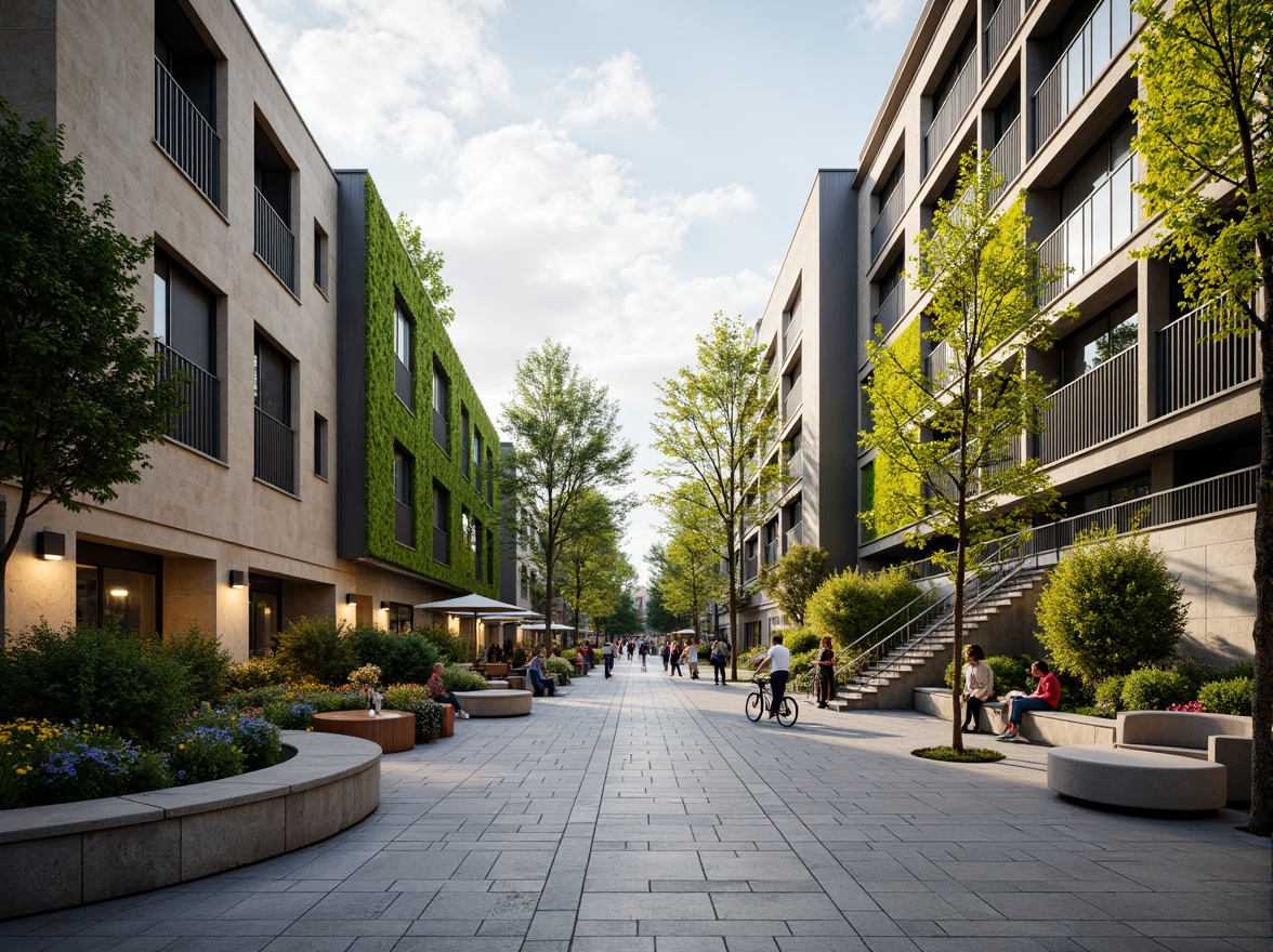 Prompt: Urban cityscape, moss green accents, natural stone walls, modern architecture, sleek metal railings, lush greenery, vibrant flowers, pedestrian walkways, bike lanes, street art murals, eclectic urban furniture, warm sunny day, soft diffused lighting, shallow depth of field, 1/2 composition, realistic textures, ambient occlusion.