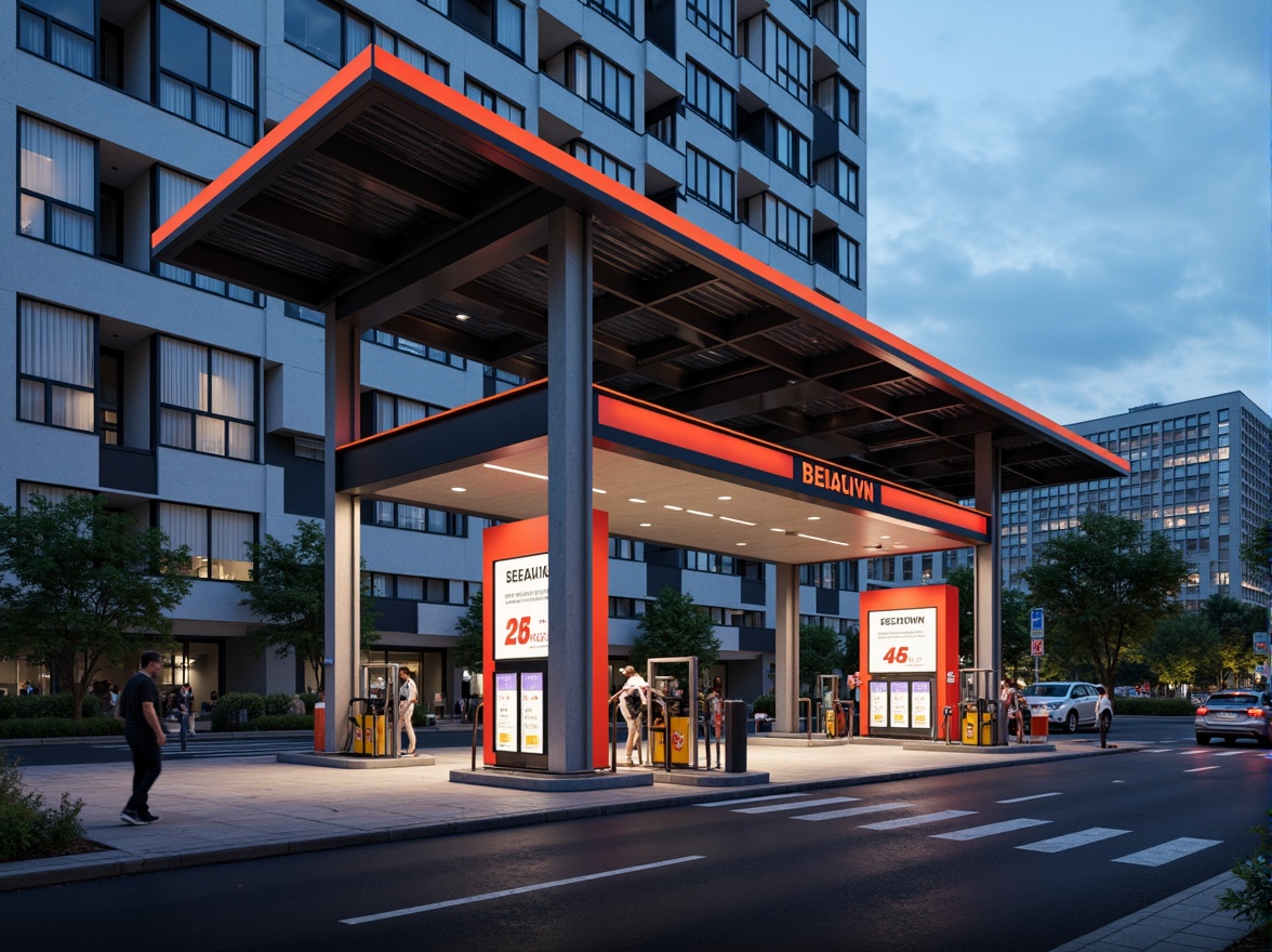 Prompt: Functional gas station, geometric shapes, industrial materials, steel beams, concrete pillars, minimalist aesthetic, bold typography, primary color scheme, functional lighting, urban landscape, busy streets, modern architecture, angular lines, rectangular forms, cantilevered canopies, futuristic vibe, high-contrast shadows, dramatic lighting effects, 1/1 composition, symmetrical framing, realistic textures, ambient occlusion.