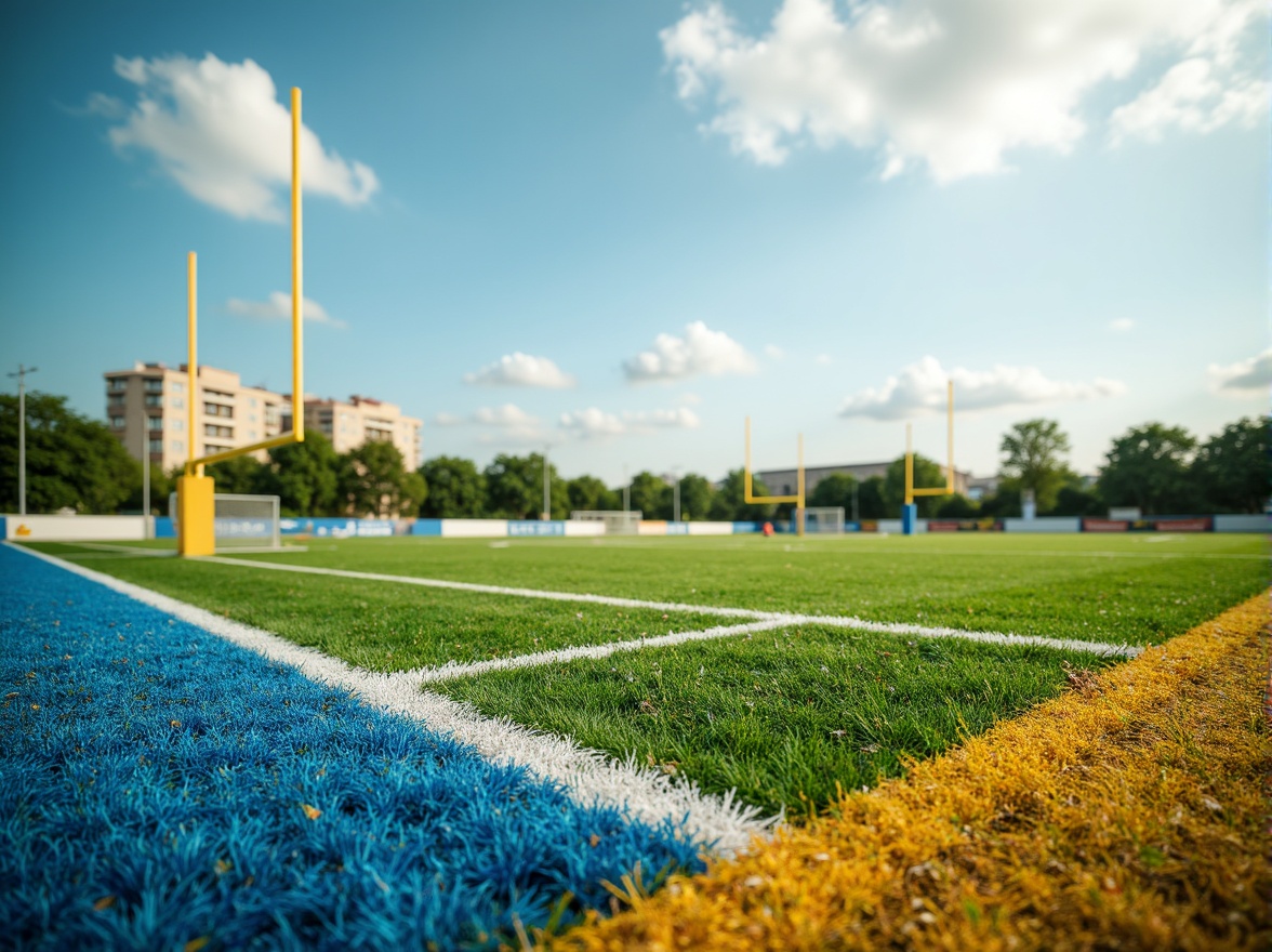 Prompt: Vibrant green grass, bright white lines, bold blue accents, warm beige sand, dynamic yellow goalposts, energetic orange cones, fresh air atmosphere, sunny day lighting, shallow depth of field, 3/4 composition, panoramic view, realistic textures, ambient occlusion.