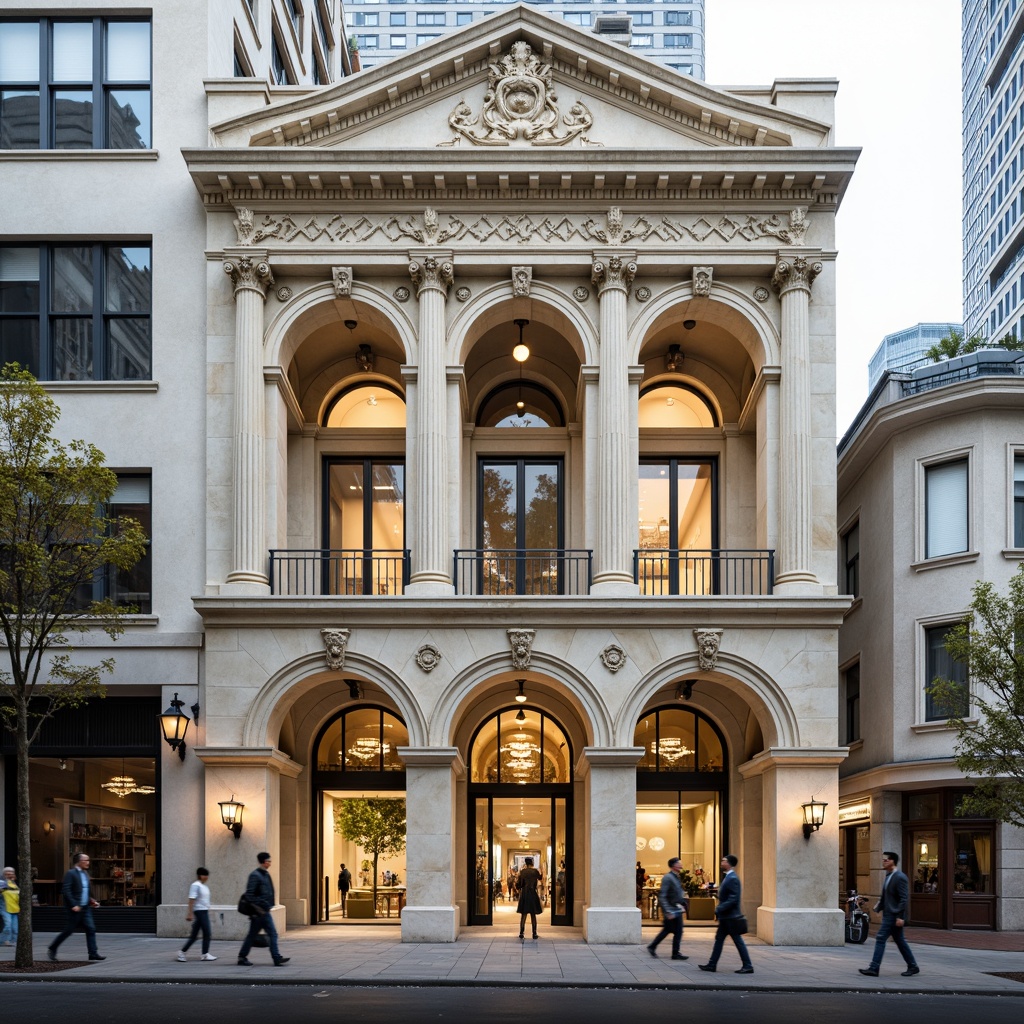 Prompt: Grandiose neoclassical building, ornate facade details, Corinthian columns, symmetrical composition, elegant arches, intricate carvings, ornamental moldings, luxurious marble materials, subtle cream colors, soft golden lighting, shallow depth of field, 1/1 composition, realistic textures, ambient occlusion, urban cityscape, busy streets, historic landmarks, vibrant cultural atmosphere.