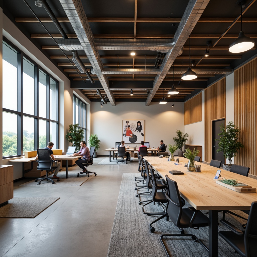 Prompt: Functional office space, modern minimalist decor, sleek metal furniture, ergonomic chairs, spacious workstations, collaborative meeting areas, acoustic panels, natural wood accents, floor-to-ceiling windows, abundant natural light, soft warm lighting, 1/1 composition, shallow depth of field, realistic textures, ambient occlusion.