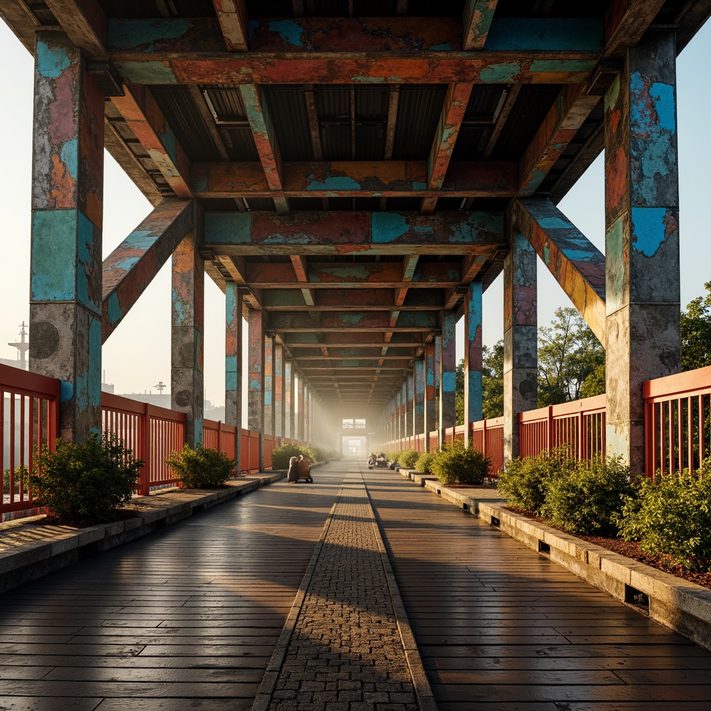 Prompt: Eclectic bridge, ornate metal railings, intricate stone carvings, vibrant colorful accents, asymmetrical arches, irregular shapes, mixed materials, industrial steel beams, rustic wooden planks, decorative trusses, grand entrance gates, majestic piers, flowing water reflections, misty atmospheric effects, warm golden lighting, shallow depth of field, 1/2 composition, dramatic low-angle shot, realistic textures, ambient occlusion.