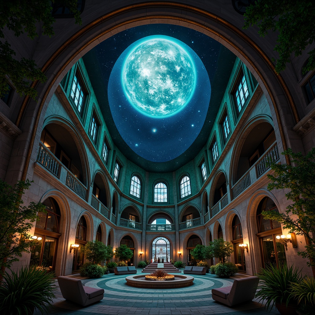 Prompt: Dark mysterious planetarium, gothic arches, celestial bodies, starry night sky, rich jewel-toned colors, emerald green, sapphire blue, amethyst purple, gold accents, intricate stone carvings, ornate metalwork, stained glass windows, grandiose chandeliers, mystical ambiance, soft ethereal lighting, dramatic shadows, 1/1 composition, symmetrical framing, high contrast ratio, cinematic atmosphere.