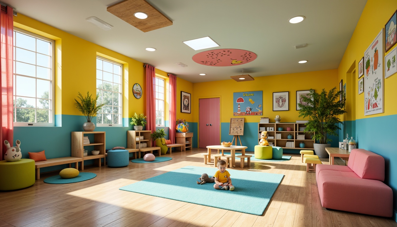 Prompt: Vibrant kindergarten social housing, playful color palette, bright yellow walls, sky blue accents, lime green furniture, soft pink curtains, natural wood textures, cozy reading nooks, educational murals, interactive play areas, sensory stimulation zones, collaborative learning spaces, diverse cultural decorations, inclusive community atmosphere, abundant natural light, warm sunny days, shallow depth of field, 1/1 composition, realistic textures, ambient occlusion.