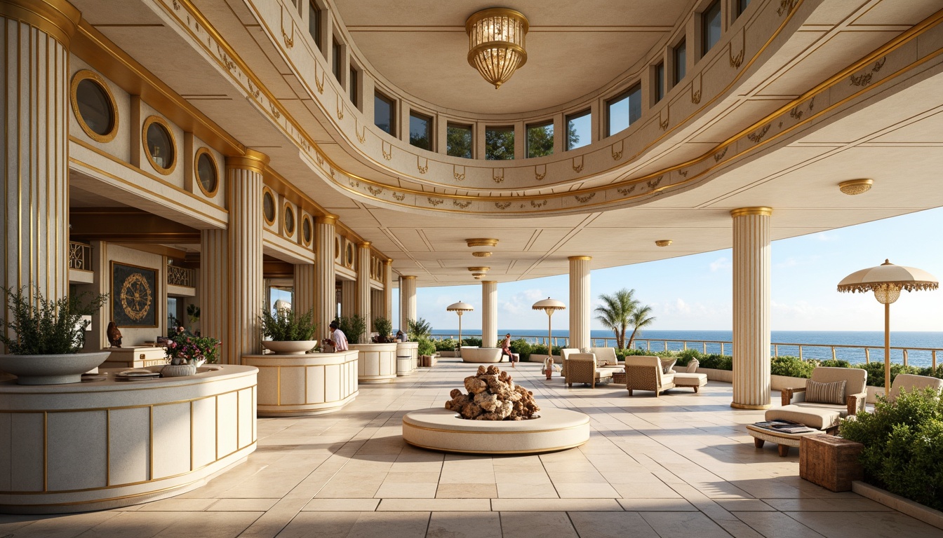 Prompt: Art Deco coastal building, ornate metalwork, geometric patterns, luxurious materials, pastel color palette, soft warm lighting, golden accents, nautical motifs, porthole windows, curved lines, opulent chandeliers, ambient occlusion, shallow depth of field, 1/1 composition, panoramic view, realistic textures, sunny day, ocean views, sea breeze, beachy atmosphere.