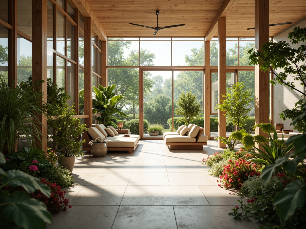 Prompt: Bright airy interior, floor-to-ceiling windows, sliding glass doors, natural stone flooring, wooden accents, lush greenery, vibrant flowers, modern minimalist decor, soft warm lighting, shallow depth of field, 3/4 composition, panoramic view, realistic textures, ambient occlusion.