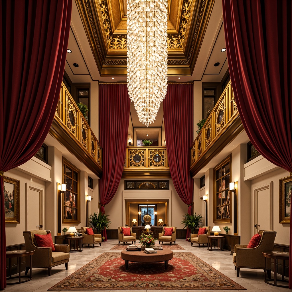 Prompt: Luxurious hotel lobby, grand chandelier, ornate furnishings, rich velvet drapes, intricately carved wooden panels, gilded mirrors, marble floors, ornamental columns, lavish frescoes, Baroque-inspired architecture, opulent textiles, regal color palette, warm golden lighting, shallow depth of field, 1/1 composition, realistic textures, ambient occlusion.