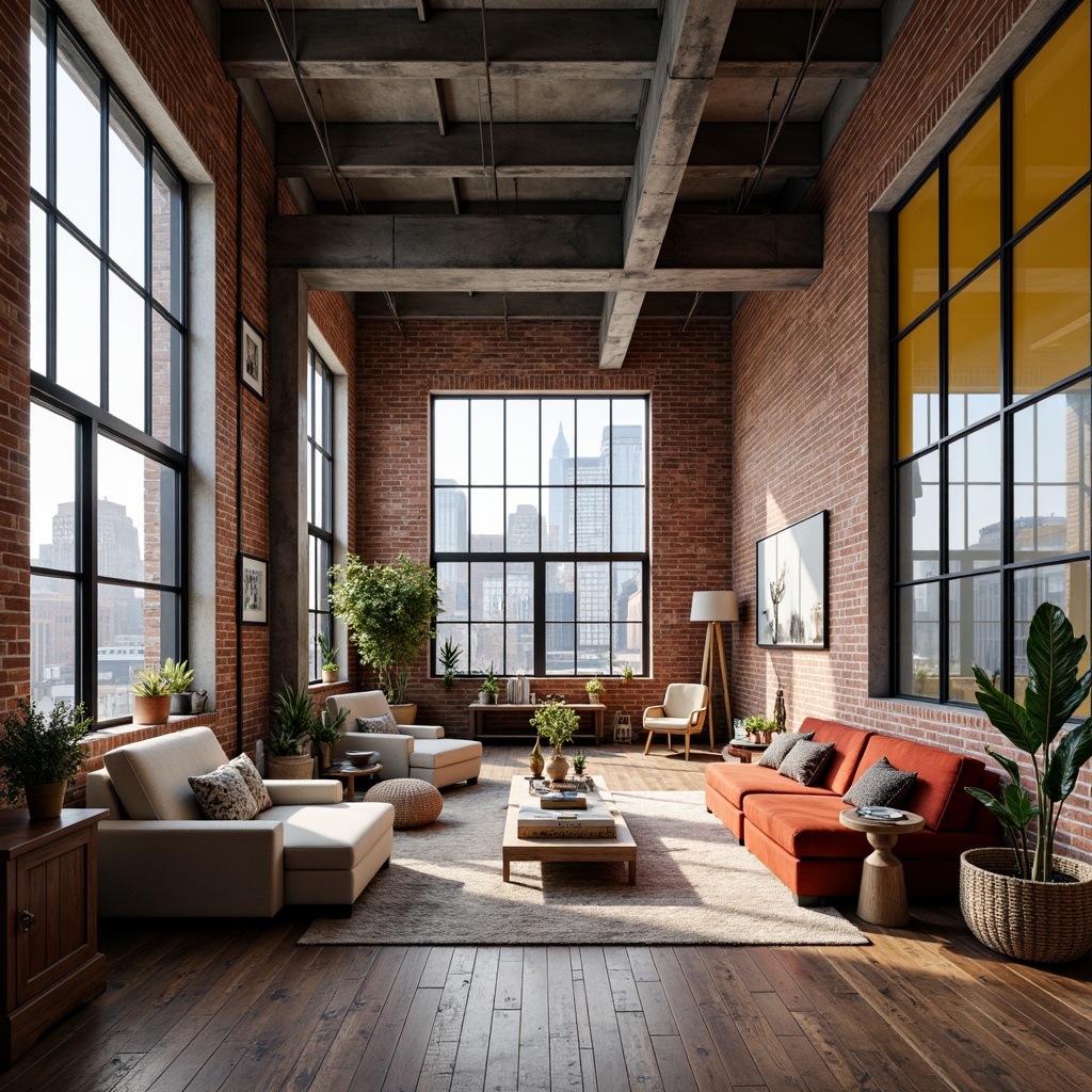 Prompt: Exposed brick walls, industrial metal beams, reclaimed wood floors, minimalist decor, abundant natural light, airy open spaces, eclectic furniture mix, vintage decorative items, urban cityscape views, concrete columns, steel windows, modern art pieces, abstract sculptures, bold colorful accents, high ceilings, functional modular layout, flexible living areas, cozy reading nooks, warm atmospheric lighting, shallow depth of field, 1/1 composition, realistic textures, ambient occlusion.