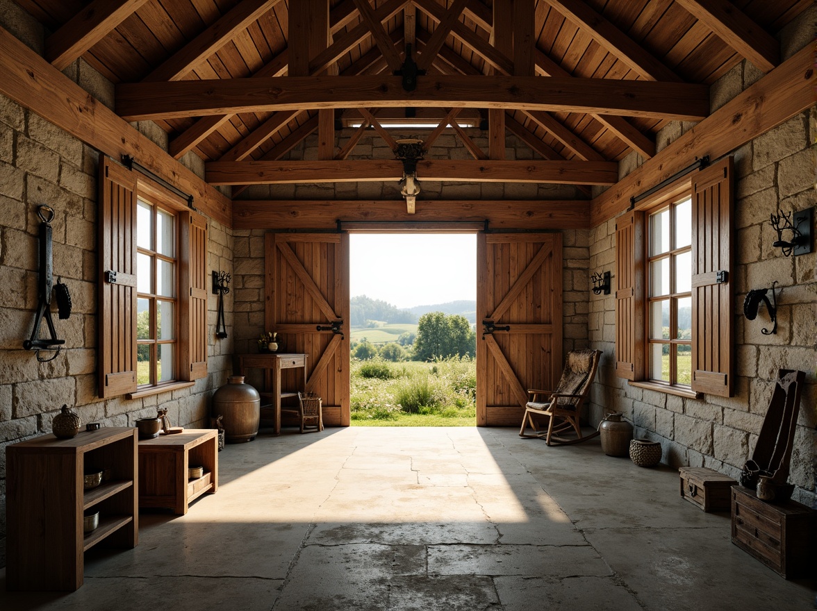 Prompt: Rustic barn, wooden beams, vintage farm tools, natural stone walls, earthy tones, soft warm lighting, large windows, wooden shutters, ornate metal hinges, distressed wood textures, rural landscape, rolling hills, green pastures, wildflowers, sunny day, shallow depth of field, 3/4 composition, panoramic view, realistic textures, ambient occlusion.