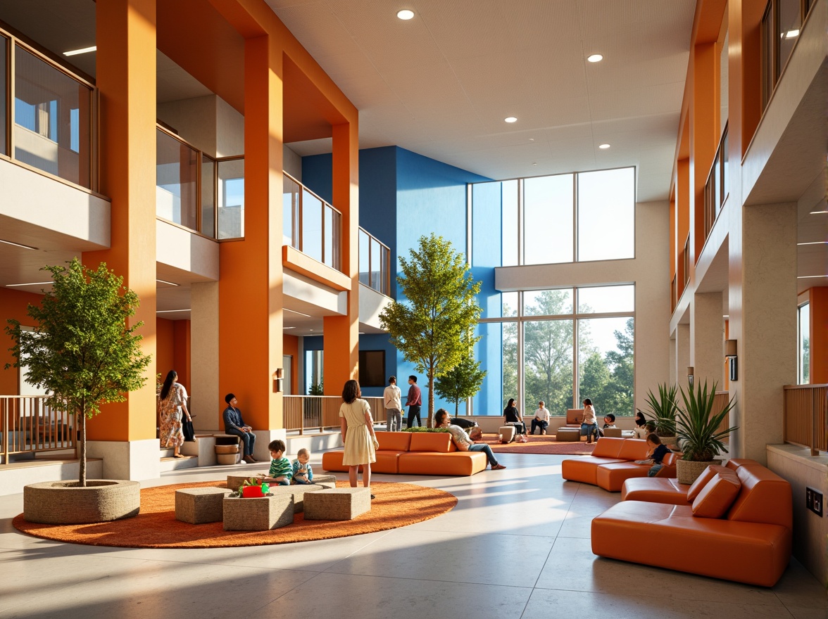 Prompt: Vibrant community center, warm beige walls, rich wood accents, energetic orange furniture, calming blue tones, natural light pouring in, open spaces, modern architecture, sleek lines, minimalist decor, playful kid's areas, cozy reading nooks, collaborative workspaces, diverse cultural patterns, inclusive atmosphere, soft warm lighting, shallow depth of field, 3/4 composition, realistic textures, ambient occlusion.