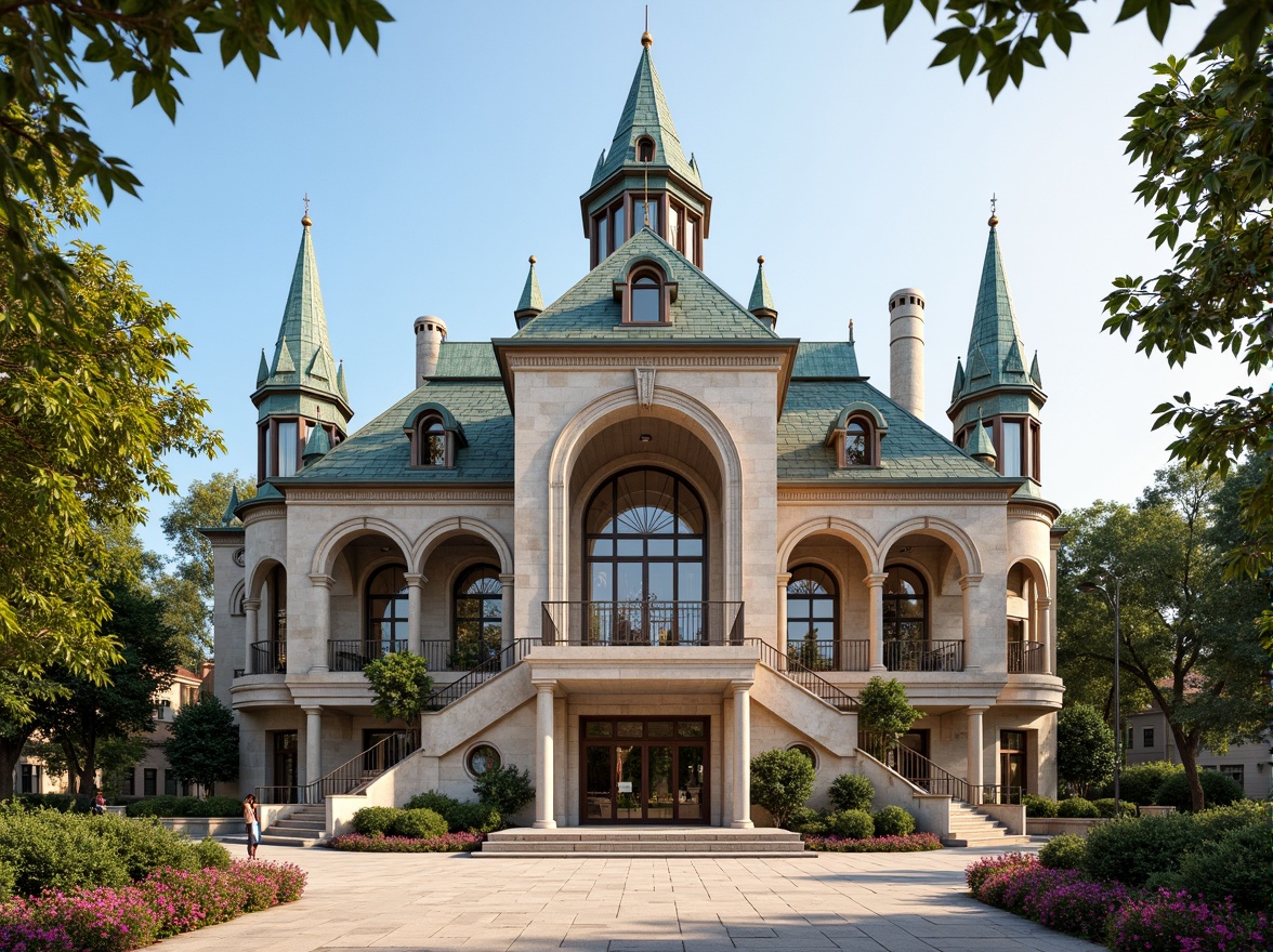 Prompt: Grand courthouse building, romanticism style facade, ornate stone carvings, intricate moldings, grandiose entrance, sweeping staircases, majestic columns, rusticated base, arched windows, stained glass details, gothic-inspired spires, weathered copper roofing, lush greenery, blooming flowers, sunny day, soft warm lighting, shallow depth of field, 3/4 composition, panoramic view, realistic textures, ambient occlusion.