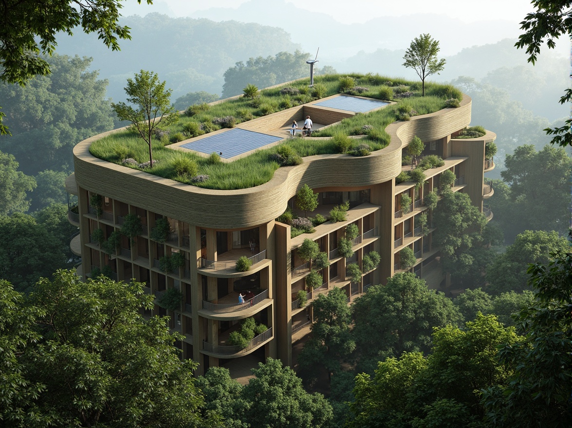 Prompt: Harmonious eco-friendly building, lush green roofs, living walls, solar panels, wind turbines, rainwater harvesting systems, natural stone fa\u00e7ades, curved lines, organic shapes, seamless integration with surroundings, serene forest environment, misty morning atmosphere, soft diffused lighting, shallow depth of field, 1/1 composition, realistic textures, ambient occlusion.