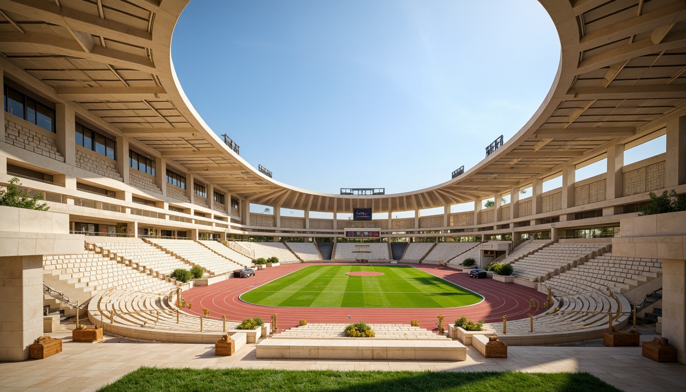 Prompt: Grandiose stadium architecture, neoclassical columns, ornate facades, marble flooring, golden accents, rich wood tones, cream-colored walls, soft beige seating, vibrant green turf, athletic track lanes, modern floodlights, clear blue sky, warm sunny day, shallow depth of field, 3/4 composition, panoramic view, realistic textures, ambient occlusion.