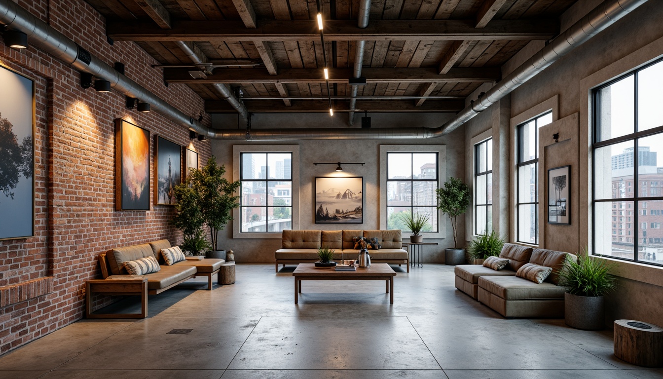 Prompt: Exposed brick walls, metal beams, industrial pipes, concrete floors, reclaimed wood accents, urban cityscape views, functional lighting fixtures, minimalist decor, neutral color scheme, weathered steel tones, distressed finishes, earthy brown hues, deep blue undertones, warm beige highlights, softbox lighting, shallow depth of field, 2/3 composition, realistic textures, ambient occlusion.