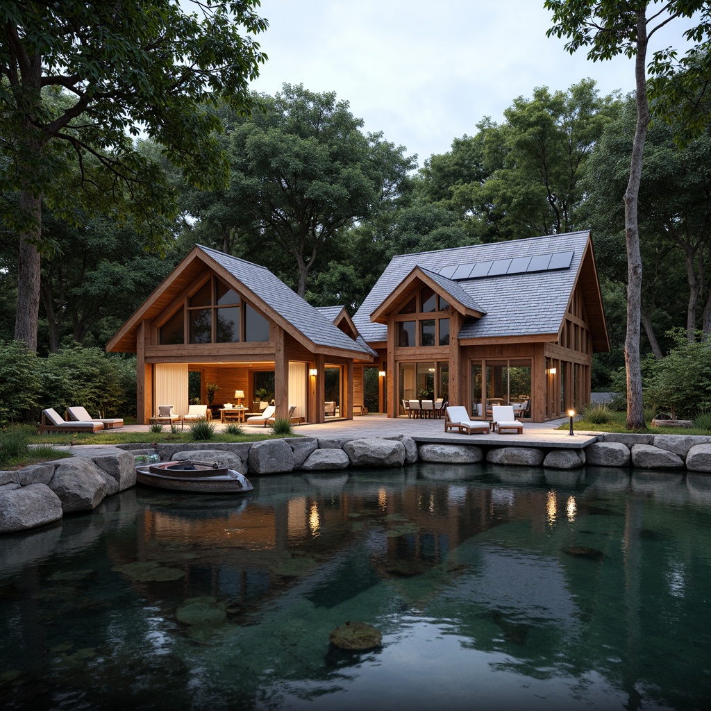 Prompt: Waterfront boathouse, rustic wooden docks, natural stone foundations, reclaimed wood accents, eco-friendly roofing materials, solar panels, rainwater harvesting systems, living green walls, nautical-themed decorative elements, cozy interior spaces, warm ambient lighting, shallow depth of field, 1/1 composition, realistic textures, soft focus effect.