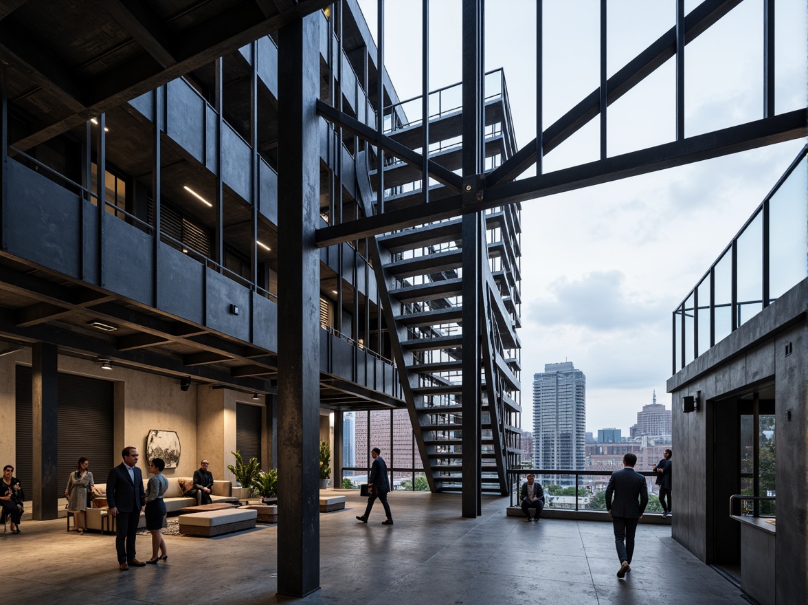 Prompt: Industrial steel-framed building, exposed metal beams, sleek modern architecture, urban cityscape, cloudy grey sky, dramatic lighting, deep shadows, bold geometric shapes, minimalist interior design, polished concrete floors, silver metallic accents, functional staircases, open-plan layout, floor-to-ceiling windows, panoramic city views, 1/1 composition, high-contrast lighting, realistic reflections.