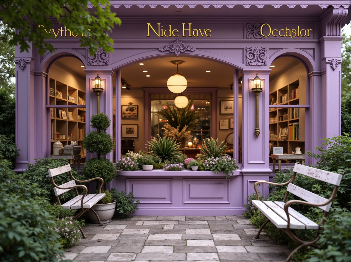 Prompt: Whimsical lilac-hued boutique, ornate Victorian architecture, delicate filigree details, soft pastel colors, romantic florals, lush greenery, vintage garden benches, distressed wooden accents, antique bronze fixtures, warm golden lighting, shallow depth of field, 1/1 composition, intimate close-up shots, realistic textures, ambient occlusion.