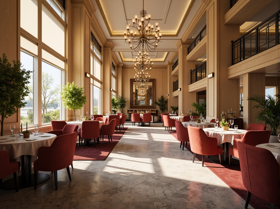 Prompt: Elegant dining hall, luxurious chandeliers, rich wood tones, warm beige walls, soft cream accents, velvety red upholstery, golden metallic fixtures, sophisticated gray marble floors, lavish greenery, natural light pouring in, airy atmosphere, shallow depth of field, 1/1 composition, realistic textures, ambient occlusion.